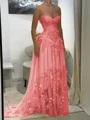 A-line Sweetheart Appliques Lace Sweep Train Chiffon Corset Prom Dress