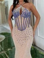 Sheath Halter Beading Sweep Train Corset Prom Dress