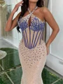 Sheath Halter Beading Sweep Train Corset Prom Dress