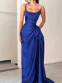 Sheath Square Pleated Sweep Train Silk like Satin Corset Prom Dress