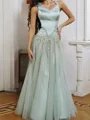A-line Scoop Ruffles Floor-Length Satin Corset Prom Dress