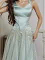 A-line Scoop Ruffles Floor-Length Satin Corset Prom Dress