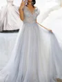 A-line Illusion Appliques Lace Court Train Tulle Prom Dress