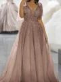 A-line V-neck Ruffles Sweep Train Tulle Prom Dress