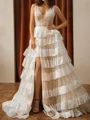 A-line V-neck Cascading Ruffles Sweep Train Tulle Prom Dress