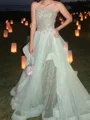 A-line Straight Cascading Ruffles Floor-Length Tulle Prom Dress