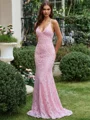 Sheath Spaghetti Straps Appliques Lace Sweep Train Prom Dress