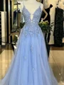 A-line Spaghetti Straps Appliques Lace Sweep Train Tulle Prom Dress