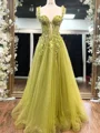 A-line Straps Appliques Lace Floor-Length Tulle Corset Prom Dress
