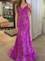 Sheath Spaghetti Straps Sequin Sweep Train Velvet Sequins Prom Dress