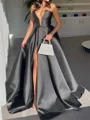 A-line V-neck Ruffles Sweep Train Satin Corset Prom Dress
