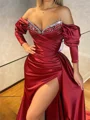 Sheath Off-the-Shoulder 3/4 Sleeves Rhinestone Chapel Train Silk Like Satin Corset Prom Dress