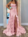 Sheath Straight Cascading Ruffles Court Train Silk Like Satin Corset Prom Dress