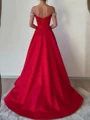 A-line Off-the-Shoulder Rhinestone Sweep Train Satin Corset Prom Dress