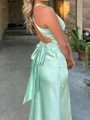 Sheath V-neck Bow Sweep Train Silk Like Satin Prom Dress