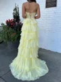 A-line Sweetheart Cascading Ruffles Sweep Train Chiffon Corset Prom Dress