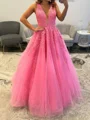 A-line V-neck Appliques Lace Court Train Tulle Corset Prom Dress