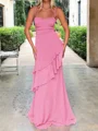 Sheath Spaghetti Straps Cascading Ruffles Sweep Train Chiffon Prom Dress