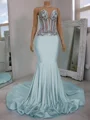 Mermaid V-neck Rhinestone Chapel Train Jersey Corset Prom Dress