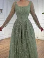 A-line Square Long Sleeves Appliques Lace Floor-Length Lace Prom Dress
