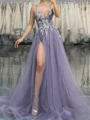 A-line Spaghetti Straps Appliques Lace Sweep Train Tulle Corset Prom Dress