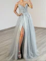 A-line Sweetheart Ruffles Sweep Train Tulle Corset Prom Dress