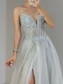 A-line Sweetheart Ruffles Sweep Train Tulle Corset Prom Dress