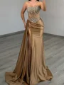 Sheath Straight Pleated Sweep Train Silk Like Satin Corset Prom Dress