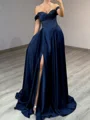 A-line Off-the-Shoulder Ruffles Sweep Train Silk Like Satin Corset Prom Dress