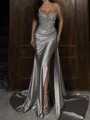 Sheath Sweetheart Sequin Sweep Train Silk Like Satin Corset Prom Dress