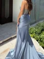 Sheath Straight Pleated Court Train Silk Like Satin Corset Prom Dress