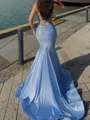 Mermaid Spaghetti Straps Sequin Court Train Silk Like Satin Corset Prom Dress