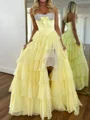 A-line Sweetheart Cascading Ruffles Sweep Train Chiffon Corset Prom Dress