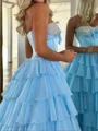 A-line Sweetheart Cascading Ruffles Sweep Train Chiffon Corset Prom Dress