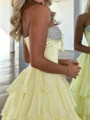 A-line Sweetheart Cascading Ruffles Sweep Train Chiffon Corset Prom Dress