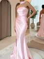 Sheath Straight Pleated Sweep Train Silk Like Satin Corset Prom Dress