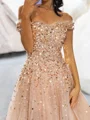 A-line Off-the-Shoulder Sequin Floor-Length Tulle Corset Prom Dress