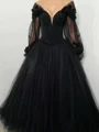 A-line V-neck Long Sleeves Flower Chapel Train Tulle Corset Prom Dress