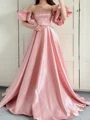 A-line Straight Ruffles Sweep Train Satin Corset Prom Dress