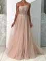 A-line Straight Appliques Lace Sweep Train Tulle Prom Dress
