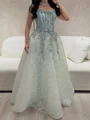 A-line Square Sequin Floor-Length Tulle Corset Prom Dress