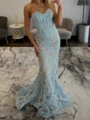 Mermaid Sweetheart Appliques Lace Sweep Train Lace Corset Prom Dress