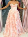 A-line Sweetheart Cascading Ruffles Sweep Train Corset Prom Dress