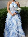 A-line Halter Cascading Ruffles Sweep Train Corset Prom Dress