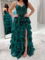 A-line Spaghetti Straps Cascading Ruffles Sweep Train Tulle Corset Prom Dress