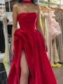 A-line Straight Pleated Sweep Train Satin Corset Prom Dress
