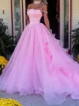 A-line Off-the-Shoulder Ruffles Cathedral Train Tulle Corset Prom Dress