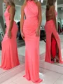 Sheath High Neck Pleated Court Train Jersey Prom Dress