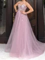 A-line Sweetheart Appliques Lace Sweep Train Tulle Corset Prom Dress
