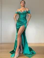 Sheath/Column Off-the-Shoulder Sweep Train Silk like Satin Prom Dresses With Leg Slit